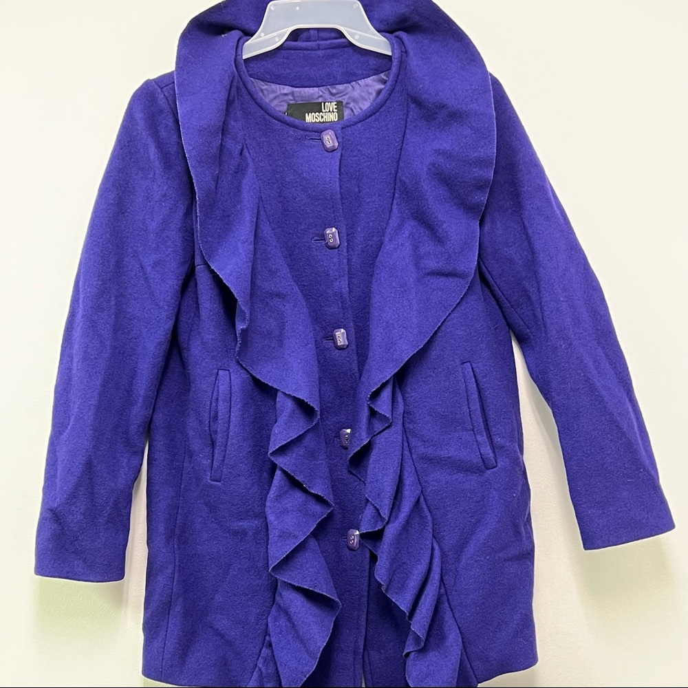 LOVE MOSCHINO Women's Wool Coat Ruffle Collar Royal Purple Diva Wear US 6 /UK 10